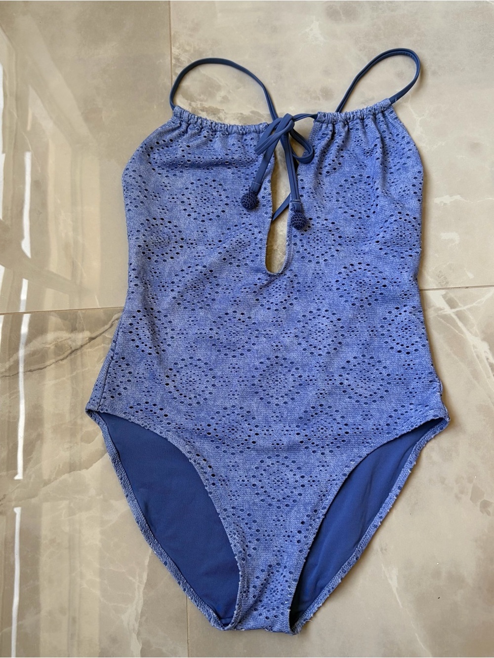 Aerie Eyelet One Piece Halter Swimsuit Bathing Suit Plunge Front Medium Blue
